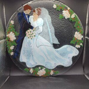 Vintage Peggy Karr Handcrafted Glass Plate With Bride Groom Design Wedding Decor